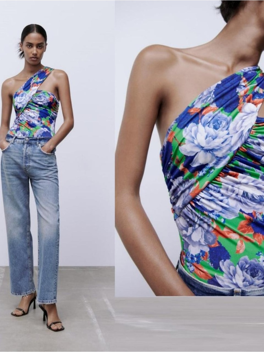 Zara One-Shoulder Floral Swimsuit in Green, Blue and Red